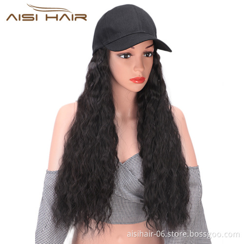 Aisi Hair Baseball Hat with Water Wave Hair Extensions Black Hat with Long Synthetic Hair Extensions for Girls Easy to Wear